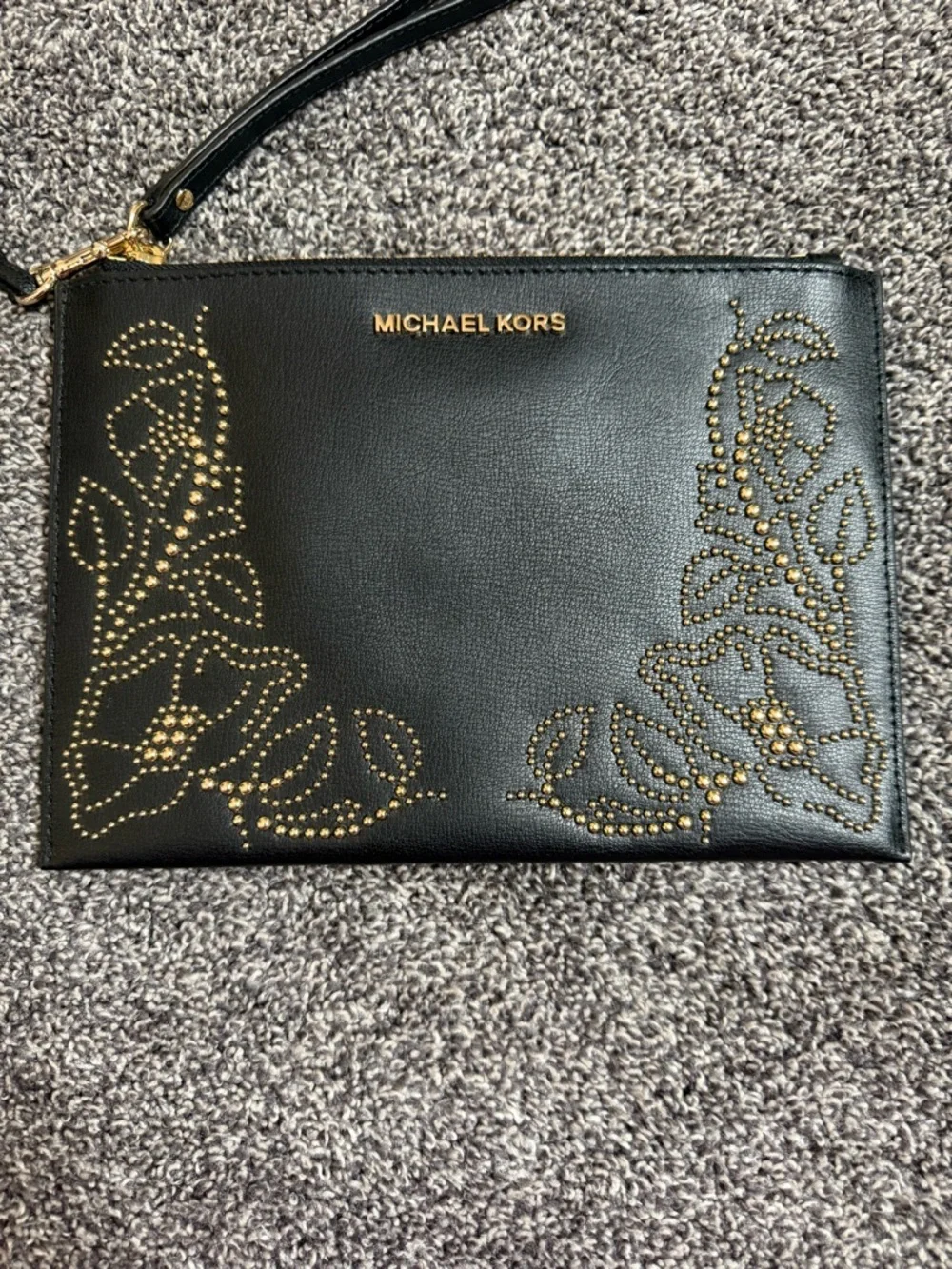 Michael Kors Nouveau Black Leather Gold Studded Floral Clutch Wristlet Bag